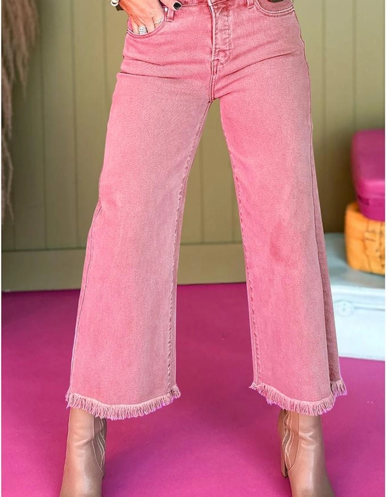 Peach Blossom Acid Washed High Rise Cropped Wide Leg Jeans