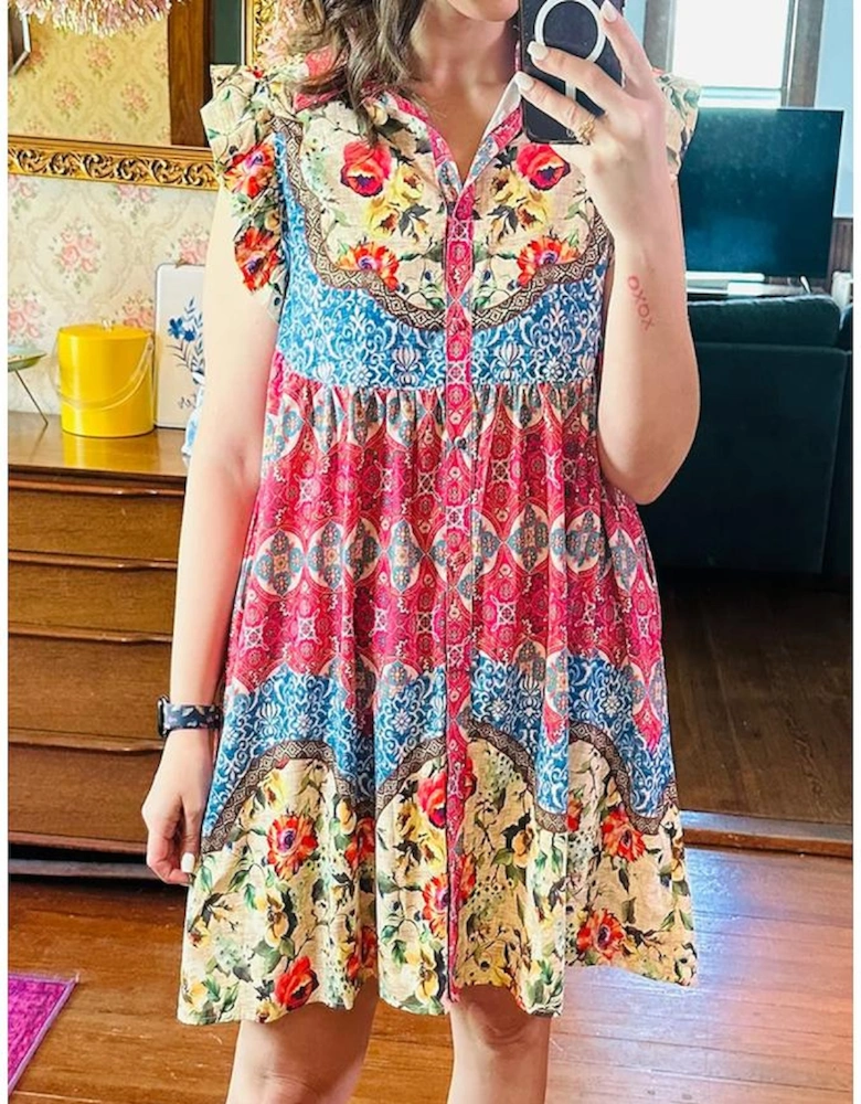 Rose Floral Mixed Pattern Ruffle Flutter Sleeve Buttoned Dress
