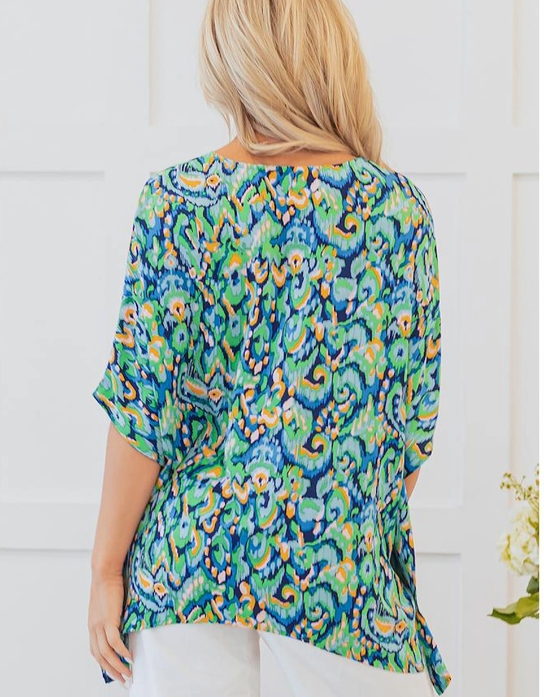 Green Abstract Print V Neck Half Sleeve Loose Fit Tunic Blouse, 16 of 15