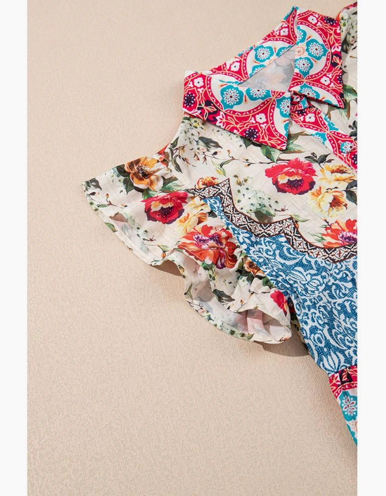 Rose Floral Mixed Pattern Ruffle Flutter Sleeve Buttoned Dress