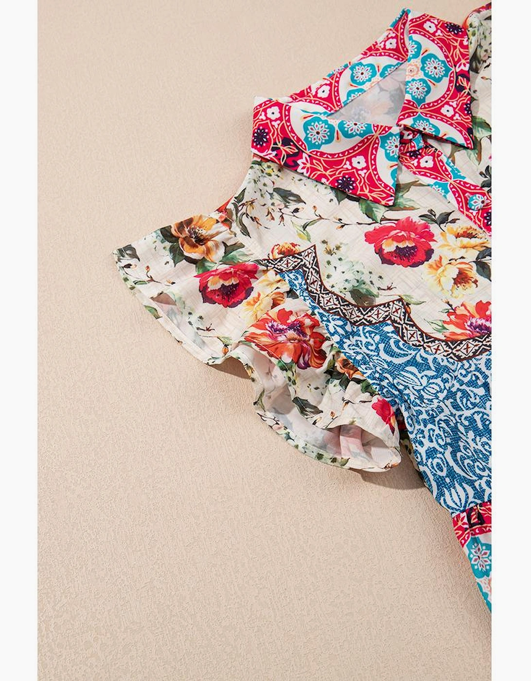 Rose Floral Mixed Pattern Ruffle Flutter Sleeve Buttoned Dress