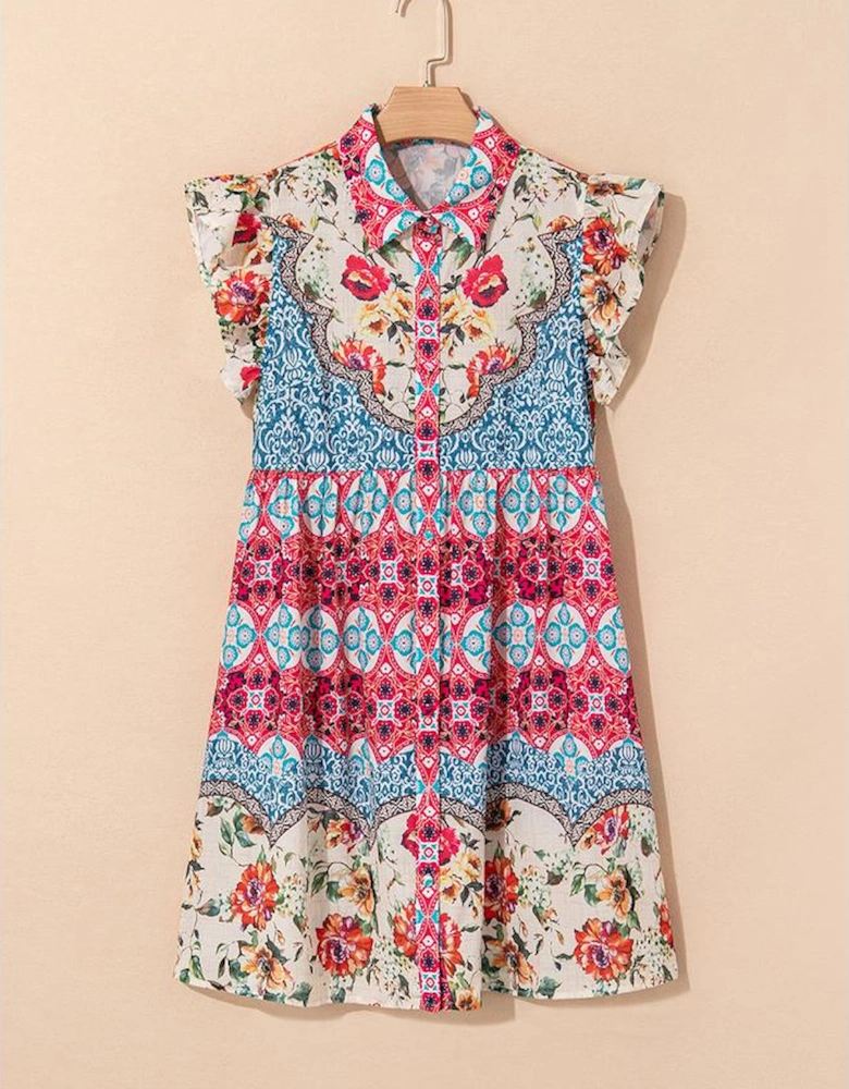 Rose Floral Mixed Pattern Ruffle Flutter Sleeve Buttoned Dress
