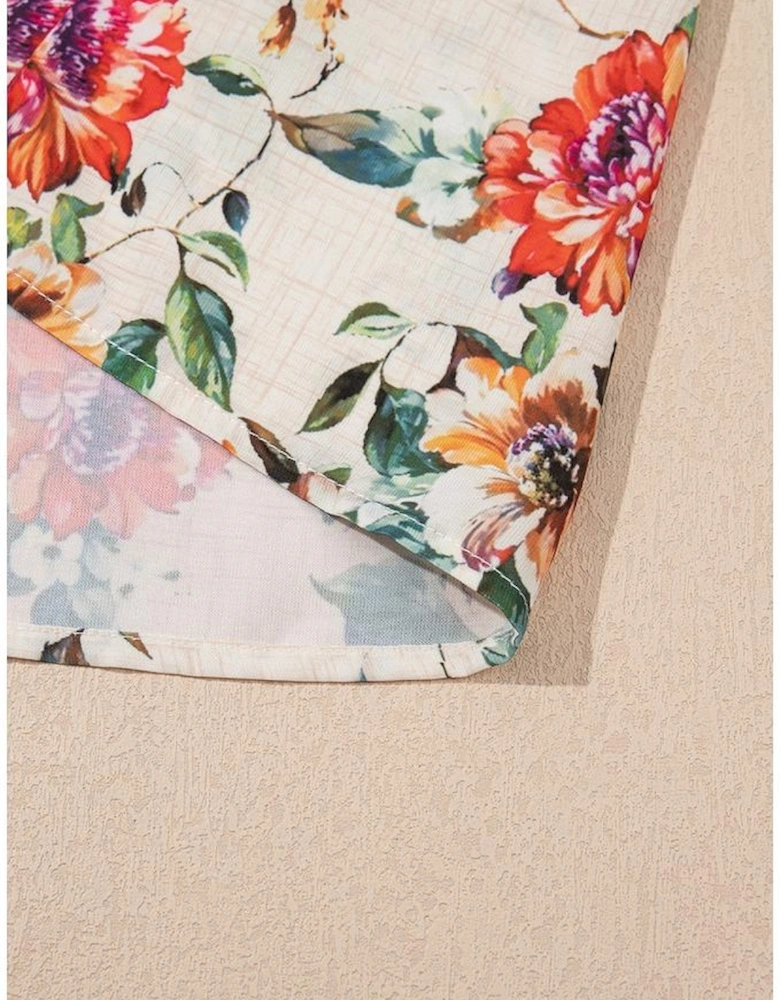 Rose Floral Mixed Pattern Ruffle Flutter Sleeve Buttoned Dress