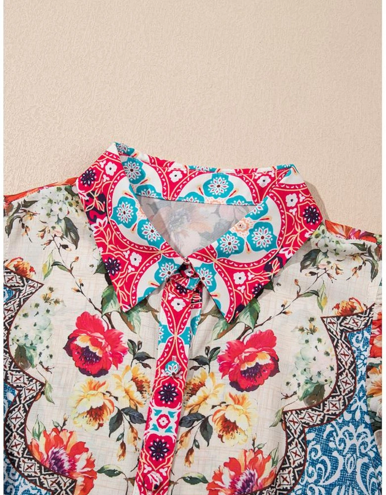 Rose Floral Mixed Pattern Ruffle Flutter Sleeve Buttoned Dress