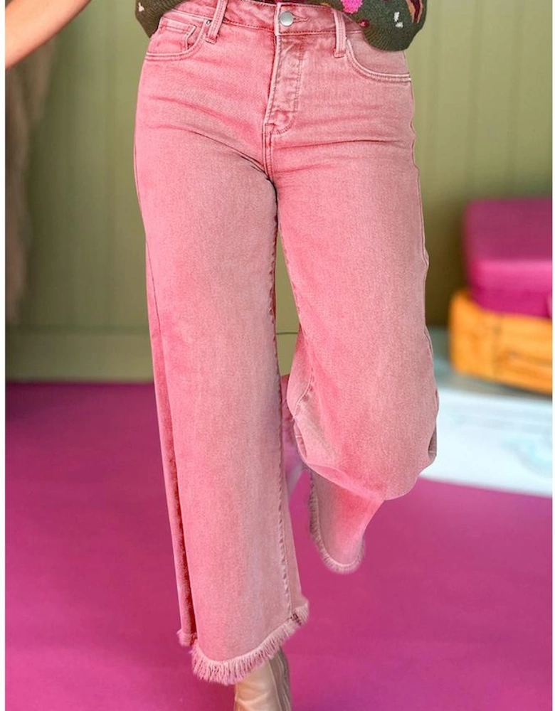 Peach Blossom Acid Washed High Rise Cropped Wide Leg Jeans