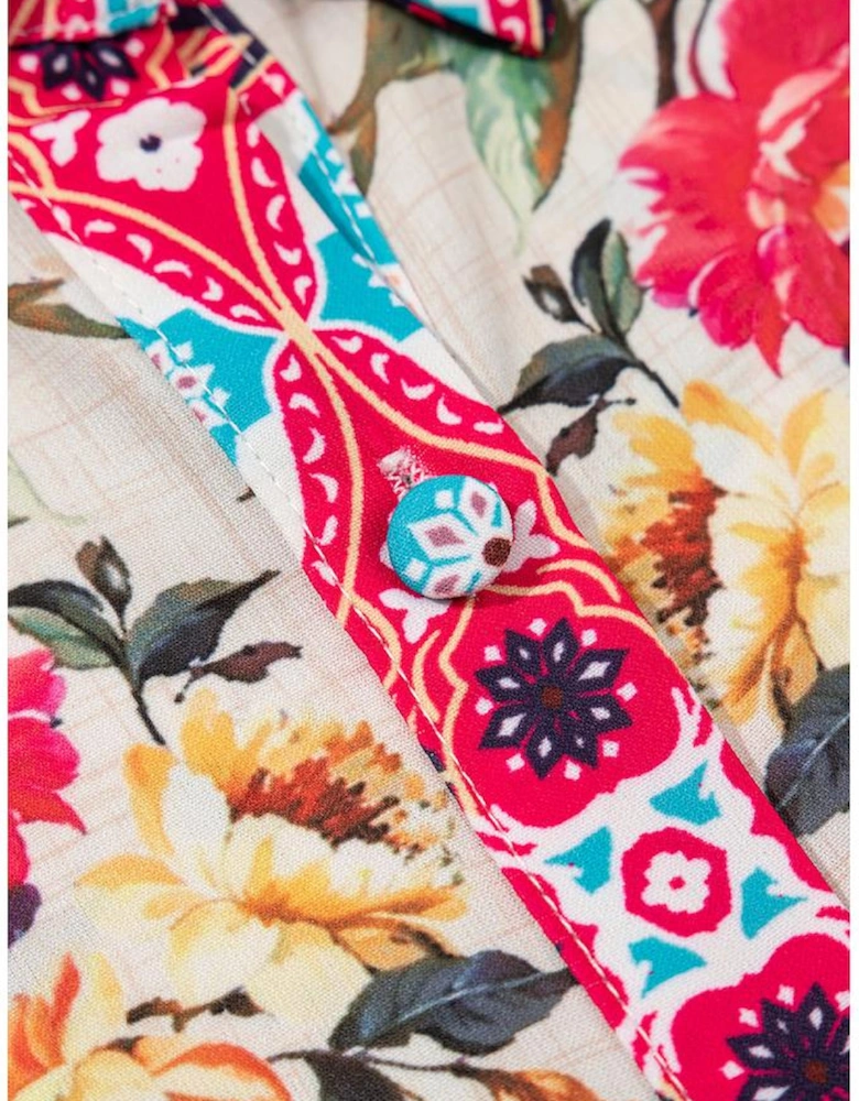 Rose Floral Mixed Pattern Ruffle Flutter Sleeve Buttoned Dress