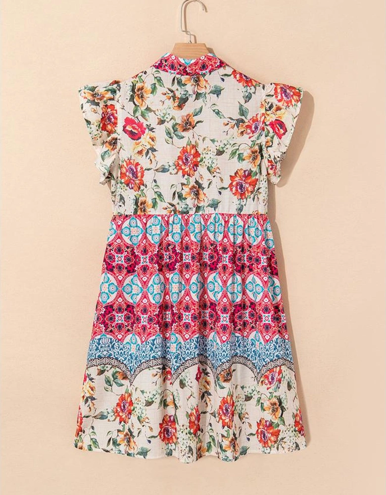 Rose Floral Mixed Pattern Ruffle Flutter Sleeve Buttoned Dress