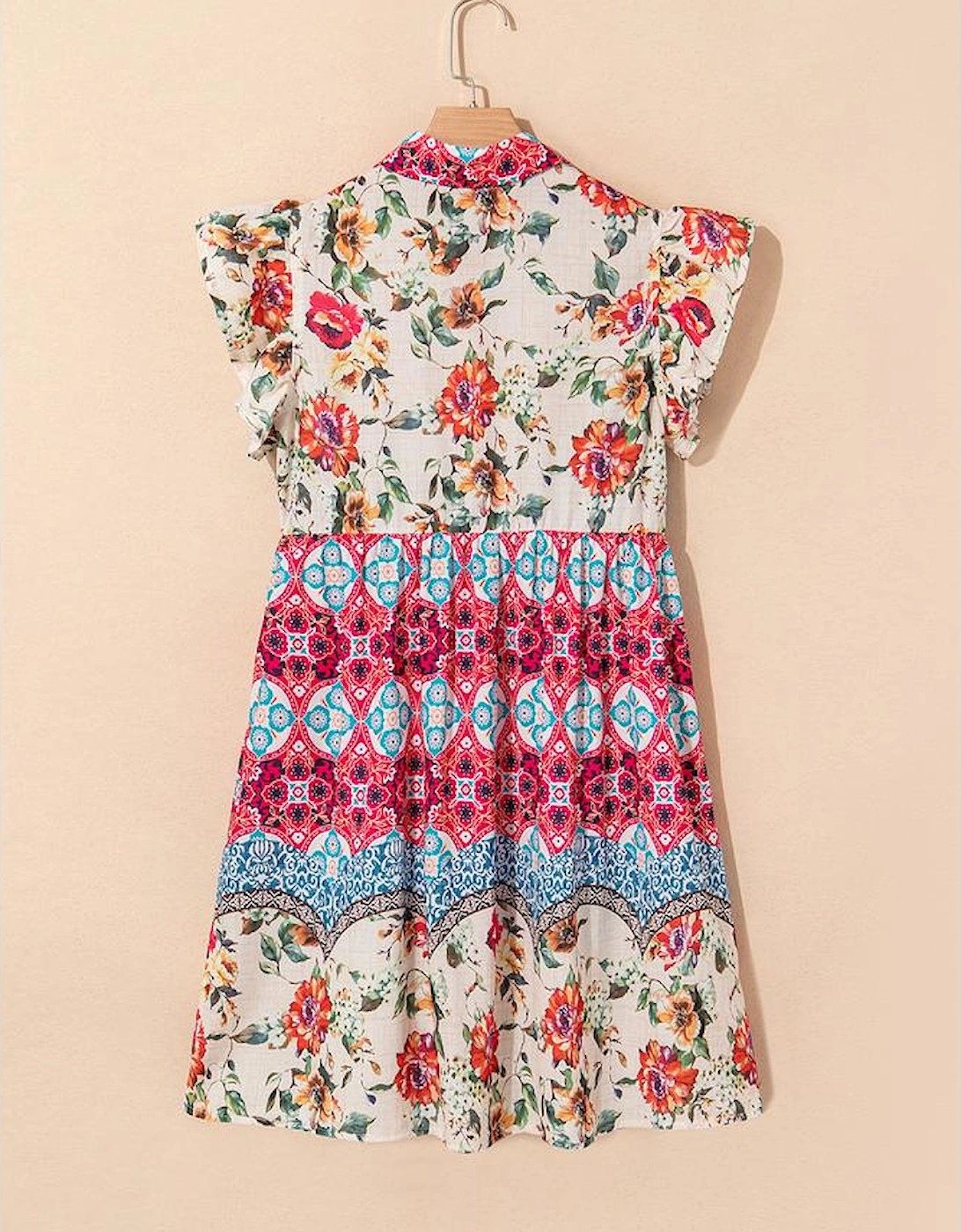 Rose Floral Mixed Pattern Ruffle Flutter Sleeve Buttoned Dress