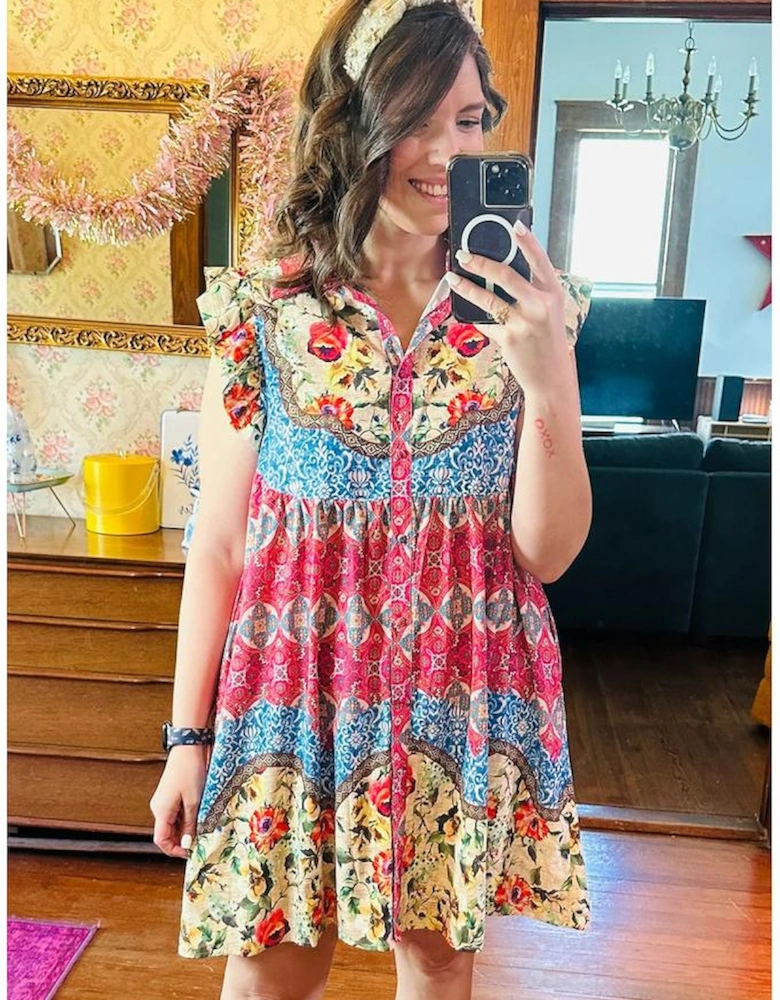 Rose Floral Mixed Pattern Ruffle Flutter Sleeve Buttoned Dress