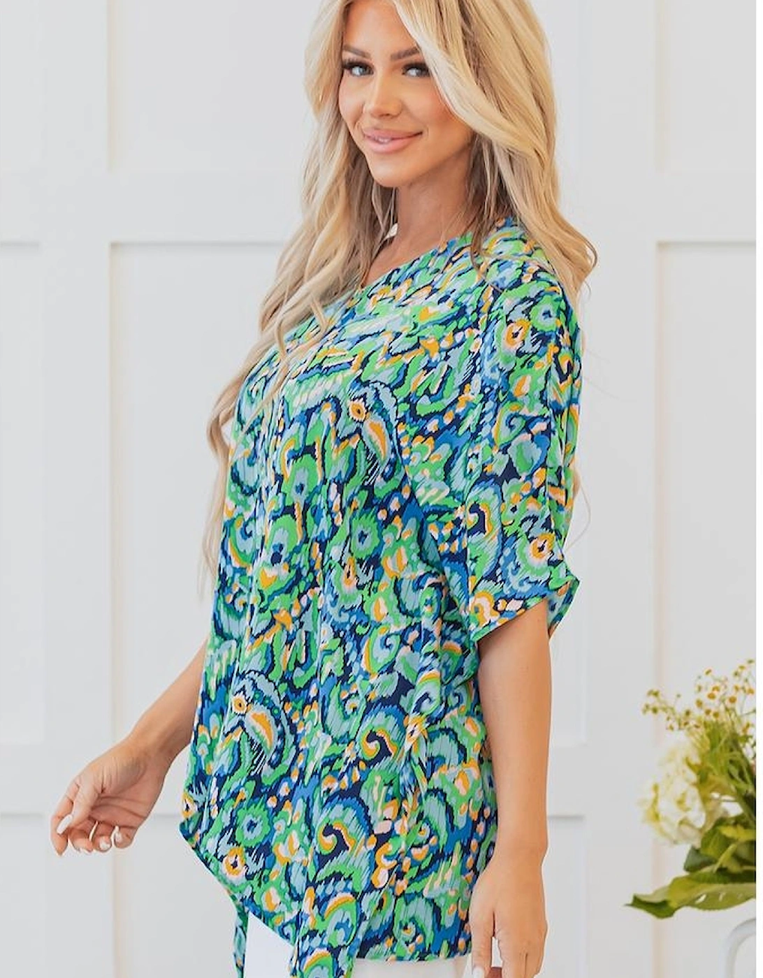 Green Abstract Print V Neck Half Sleeve Loose Fit Tunic Blouse
