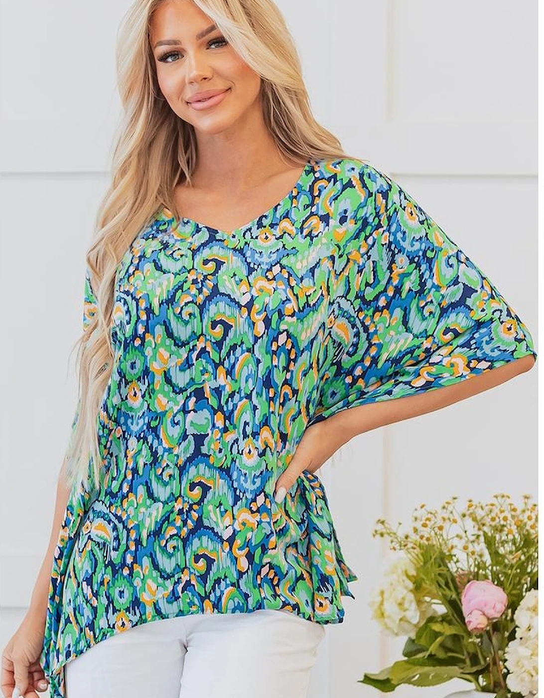 Green Abstract Print V Neck Half Sleeve Loose Fit Tunic Blouse