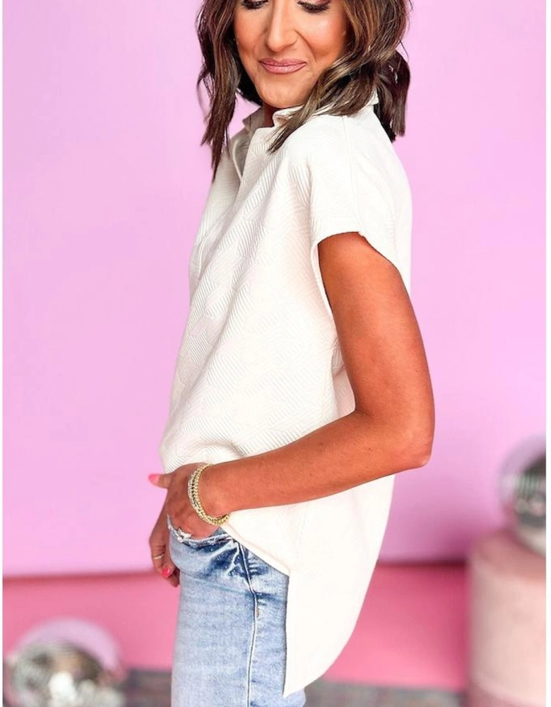 White Textured V Neck Collared Short Sleeve Top
