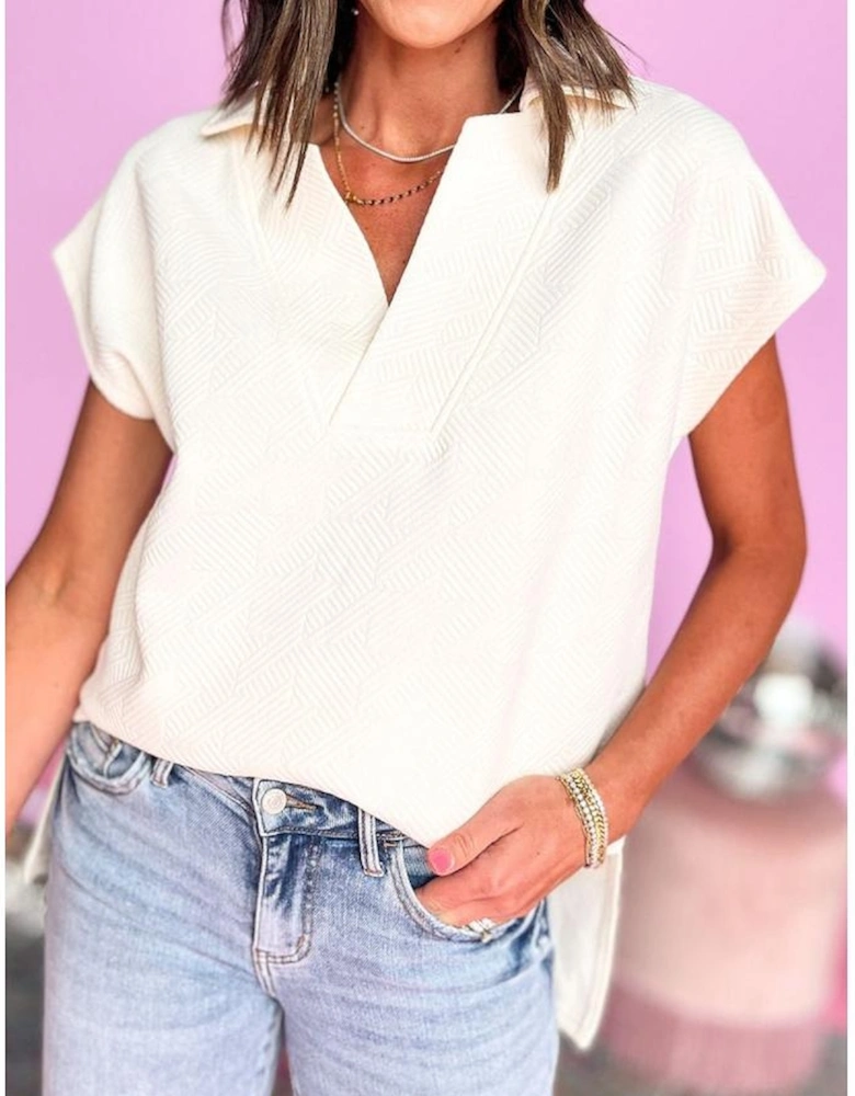 White Textured V Neck Collared Short Sleeve Top