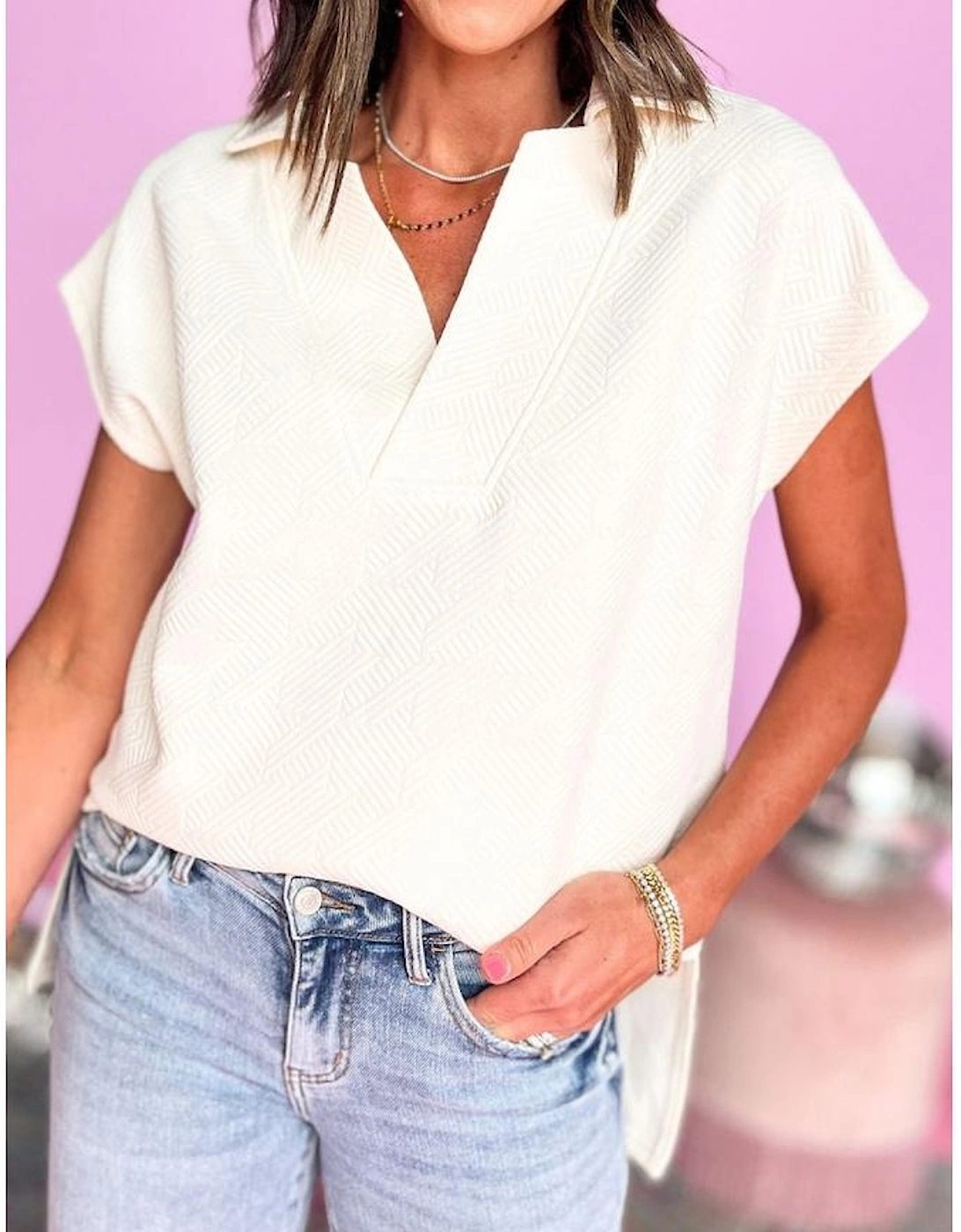 White Textured V Neck Collared Short Sleeve Top