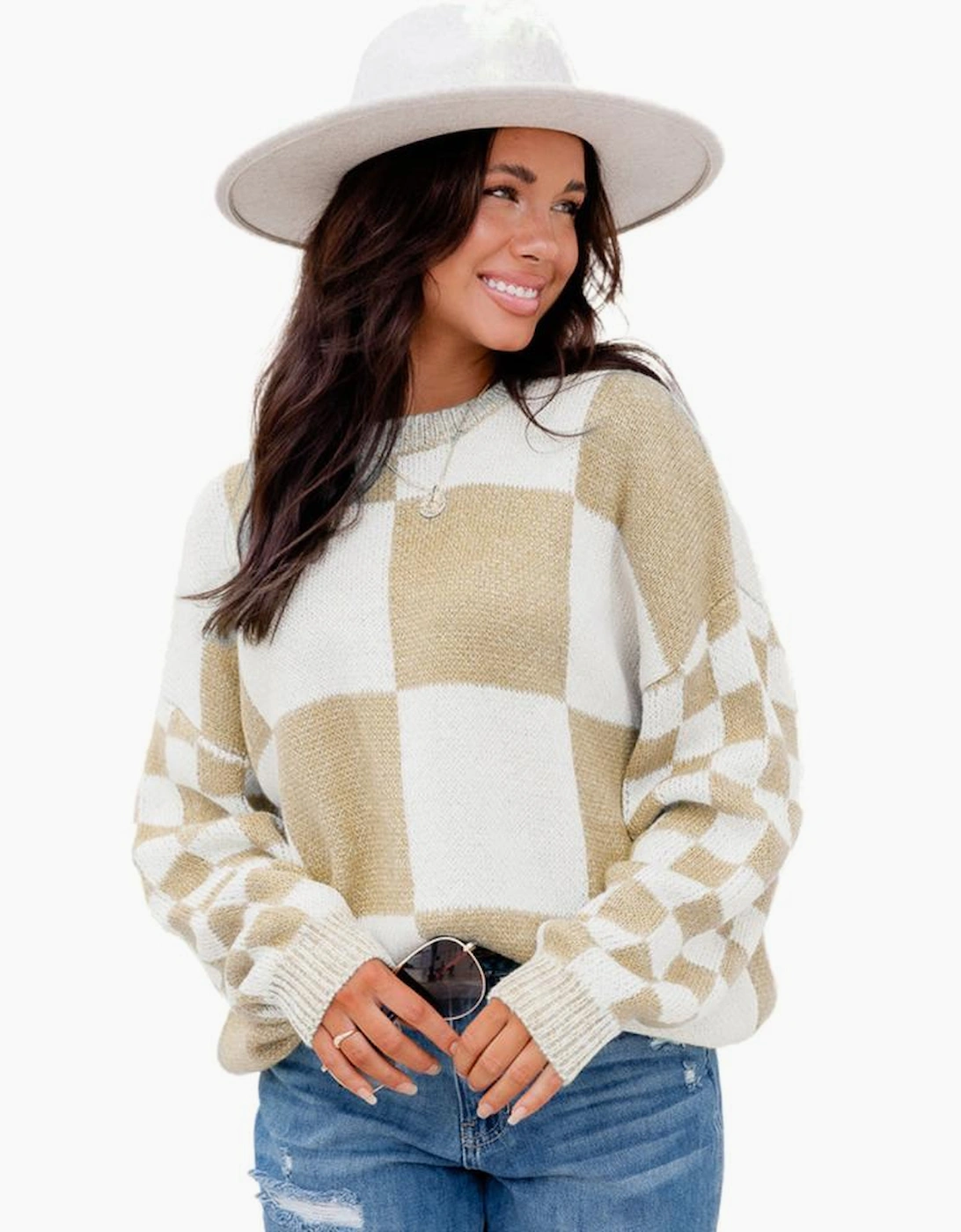 Flaxen Checkered Print Drop Shoulder Sweater, 6 of 5