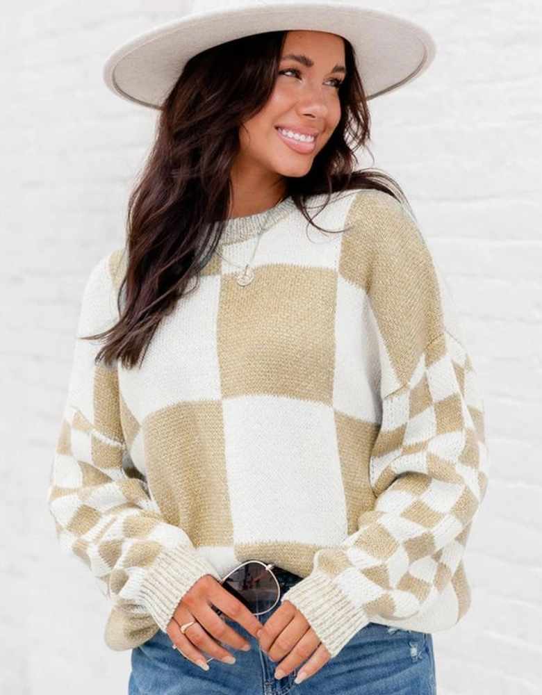 Flaxen Checkered Print Drop Shoulder Sweater
