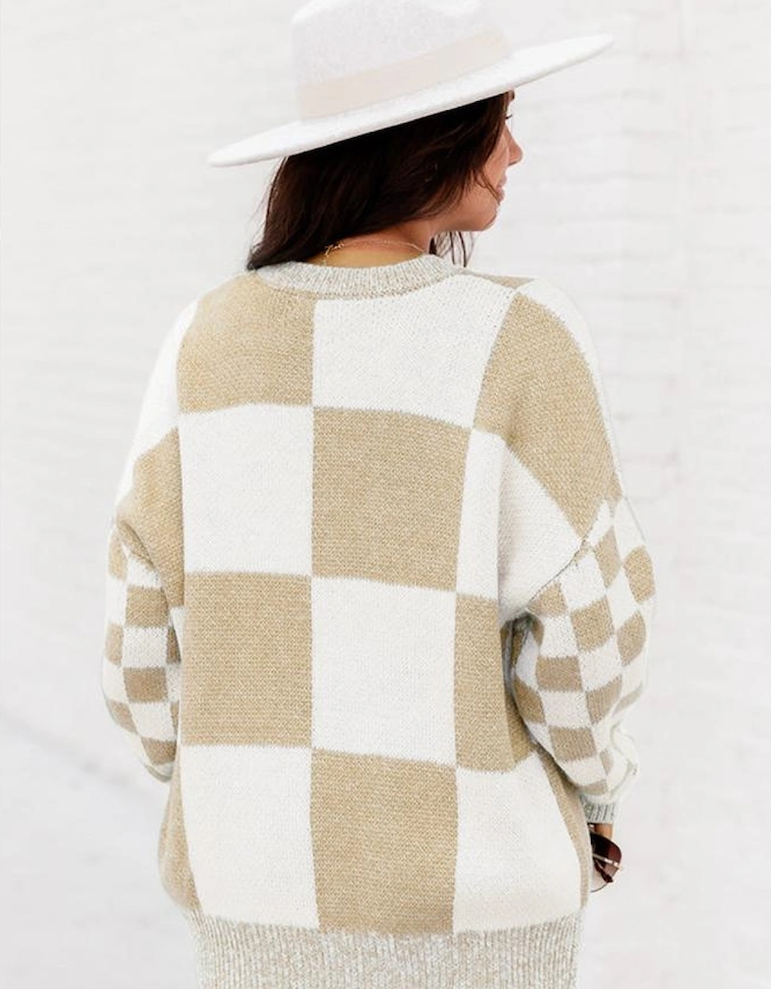 Flaxen Checkered Print Drop Shoulder Sweater