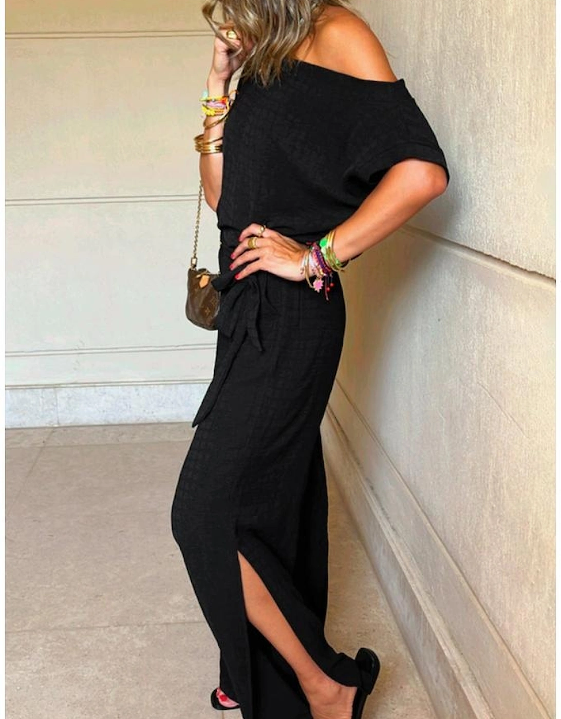 Black Checkered Mesh One Shoulder Short Sleeve Knotted Waist Jumpsuit, 14 of 13