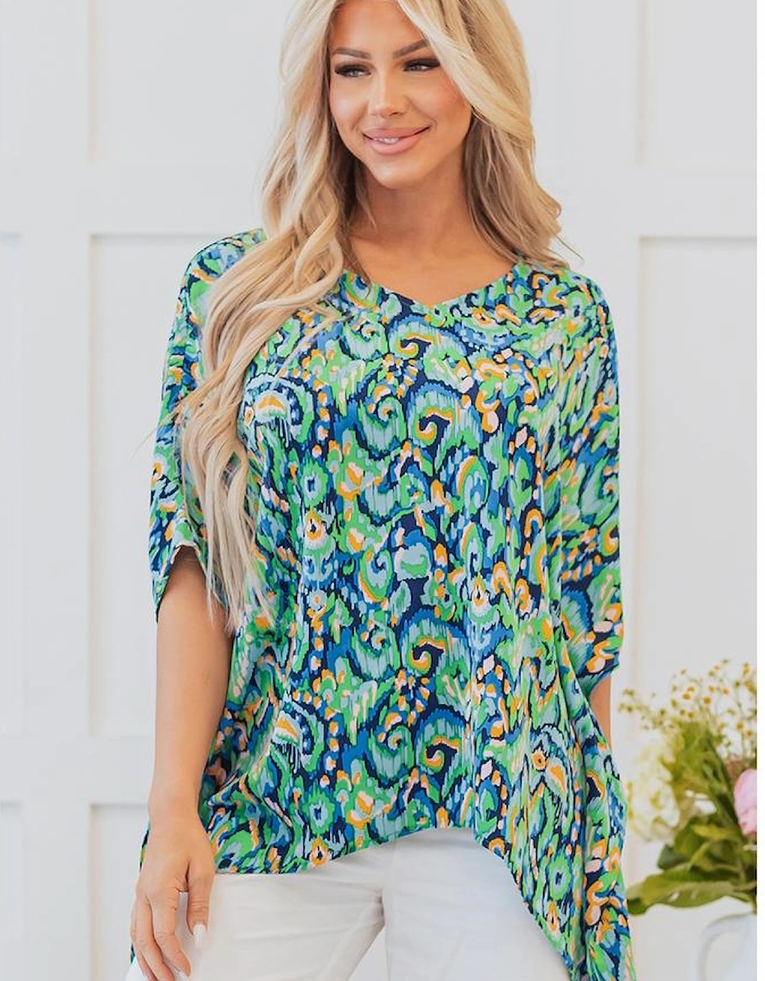 Green Abstract Print V Neck Half Sleeve Loose Fit Tunic Blouse