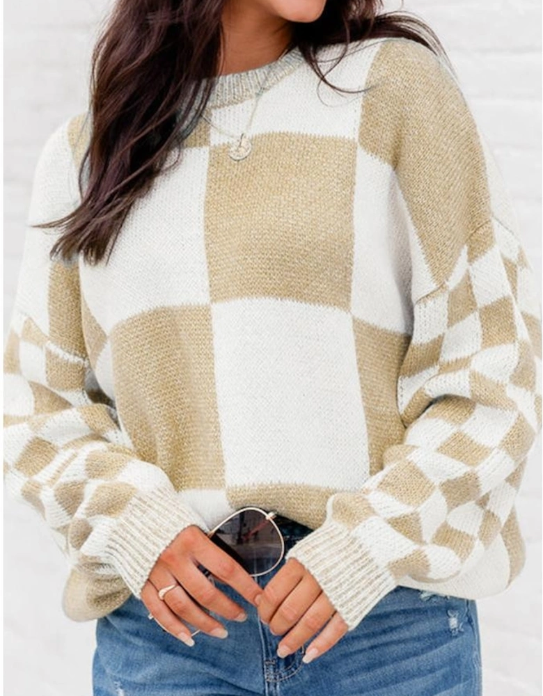 Flaxen Checkered Print Drop Shoulder Sweater