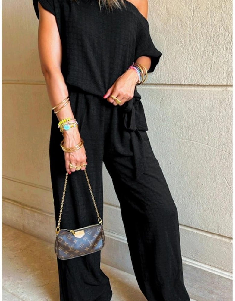 Black Checkered Mesh One Shoulder Short Sleeve Knotted Waist Jumpsuit