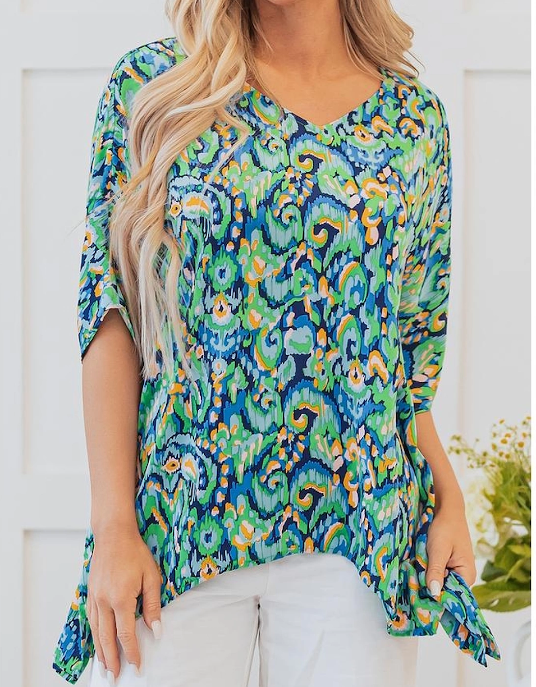 Green Abstract Print V Neck Half Sleeve Loose Fit Tunic Blouse