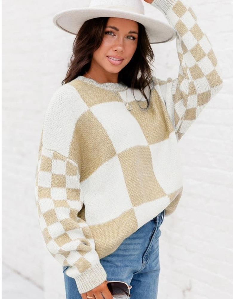 Flaxen Checkered Print Drop Shoulder Sweater