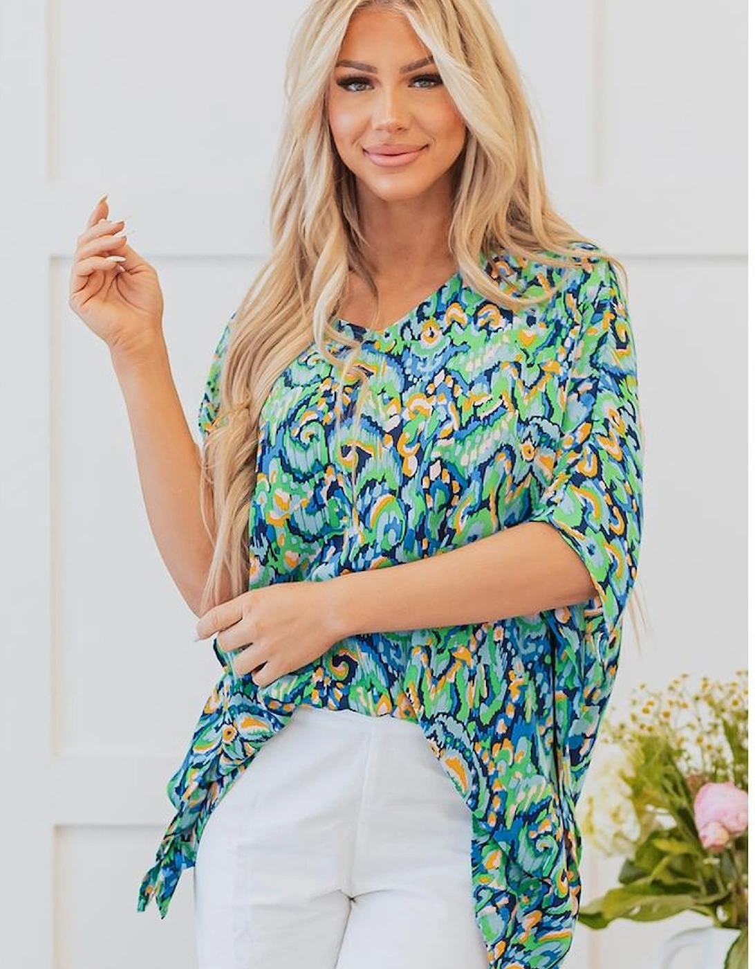 Green Abstract Print V Neck Half Sleeve Loose Fit Tunic Blouse