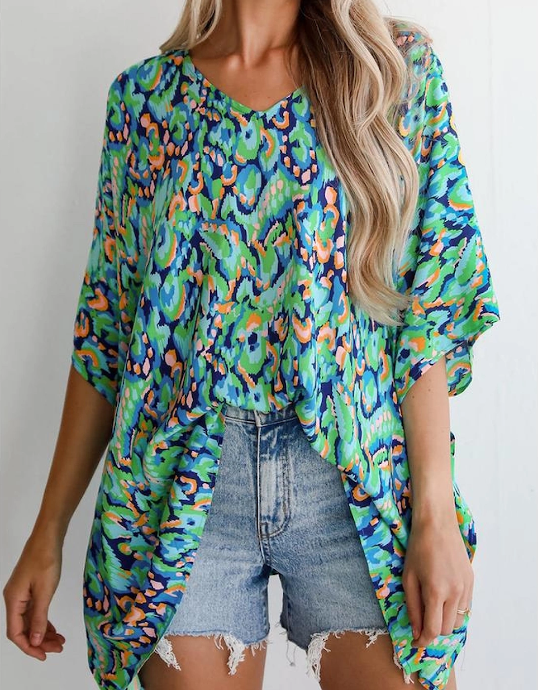 Green Abstract Print V Neck Half Sleeve Loose Fit Tunic Blouse