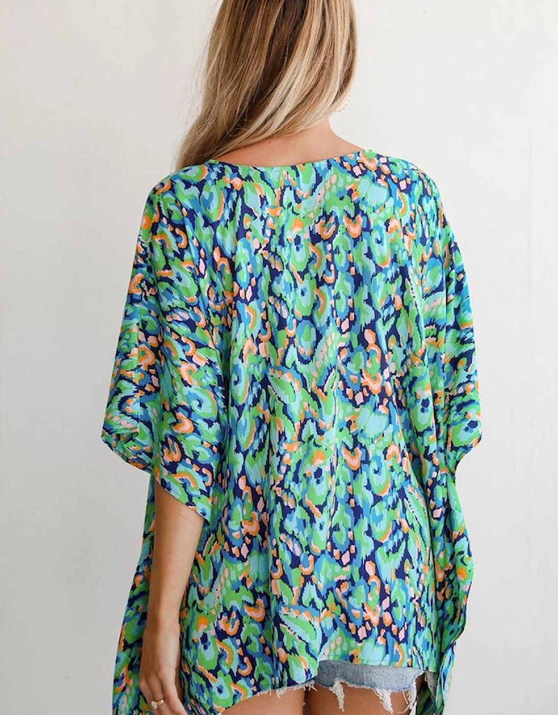 Green Abstract Print V Neck Half Sleeve Loose Fit Tunic Blouse