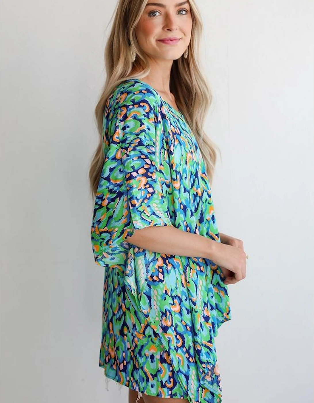 Green Abstract Print V Neck Half Sleeve Loose Fit Tunic Blouse
