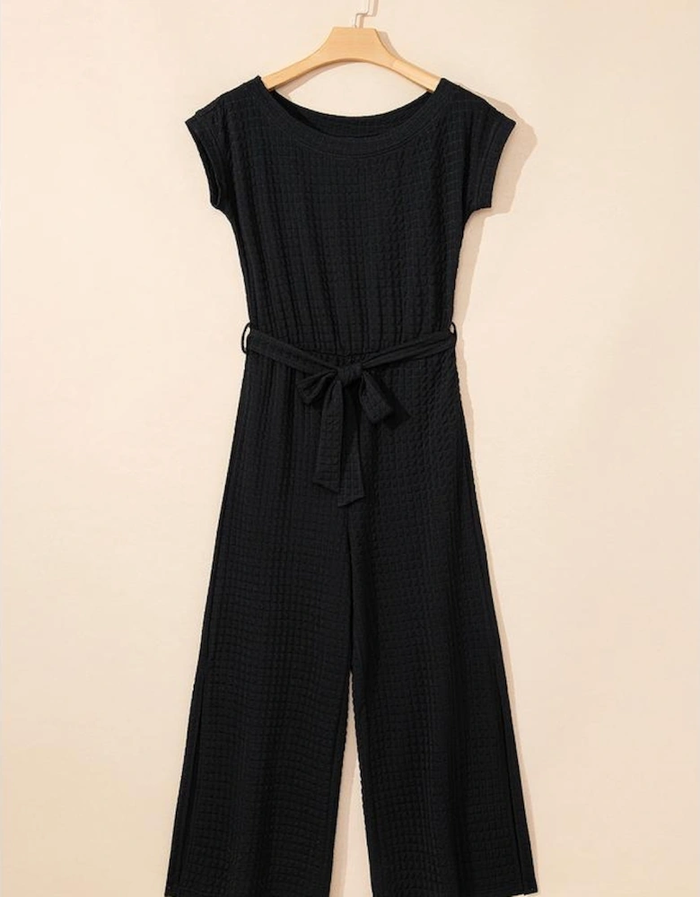 Black Checkered Mesh One Shoulder Short Sleeve Knotted Waist Jumpsuit