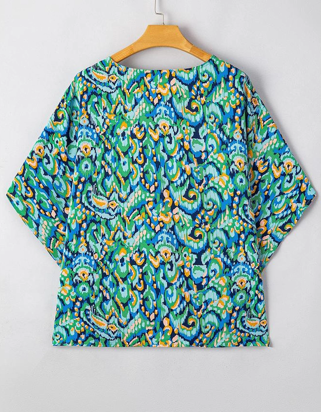 Green Abstract Print V Neck Half Sleeve Loose Fit Tunic Blouse