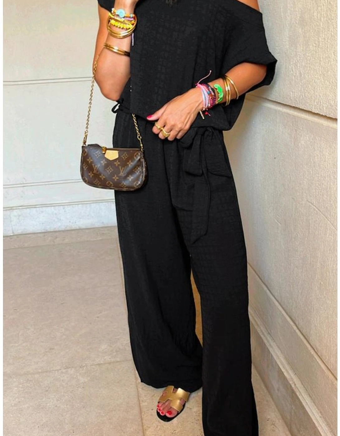 Black Checkered Mesh One Shoulder Short Sleeve Knotted Waist Jumpsuit