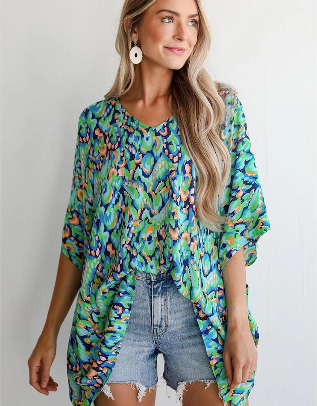 Green Abstract Print V Neck Half Sleeve Loose Fit Tunic Blouse