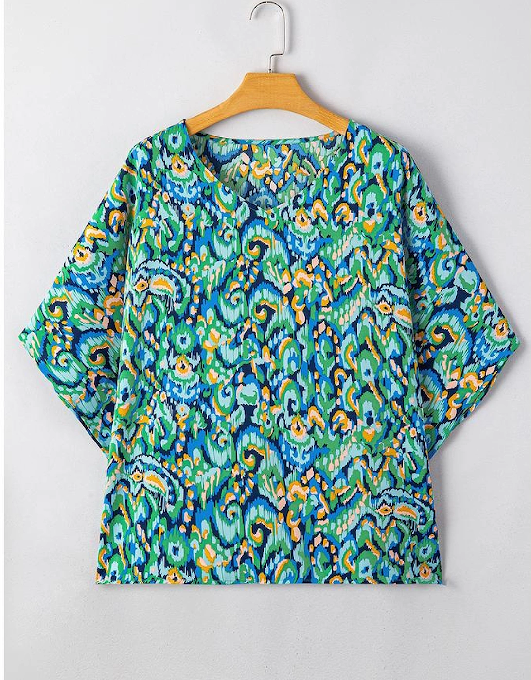 Green Abstract Print V Neck Half Sleeve Loose Fit Tunic Blouse
