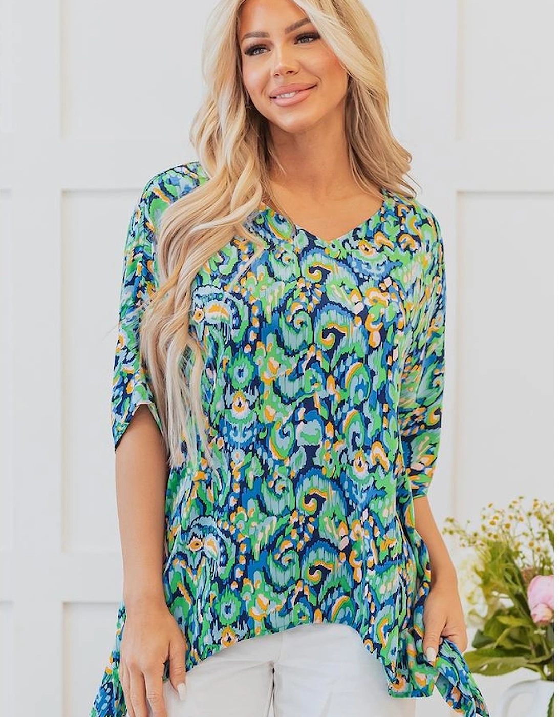 Green Abstract Print V Neck Half Sleeve Loose Fit Tunic Blouse