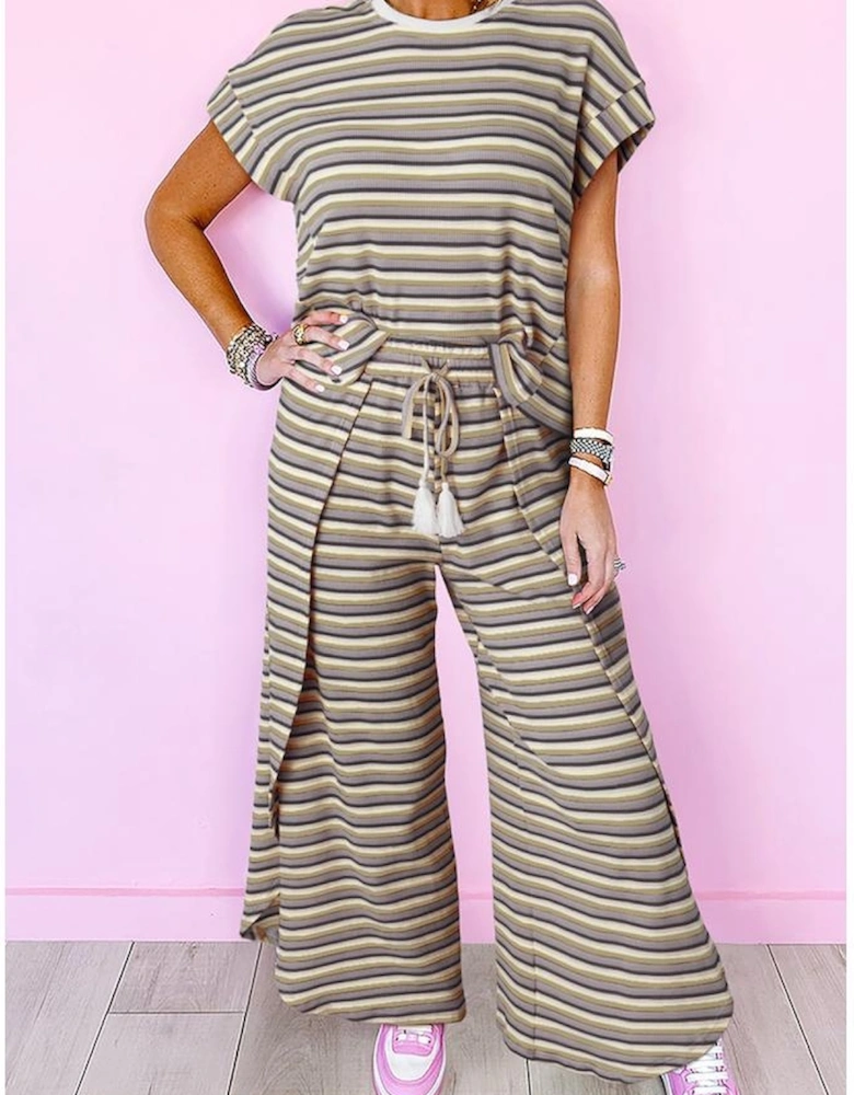 Black Stripe Rainbow Tee Tasseled String Wide Leg Pants Set