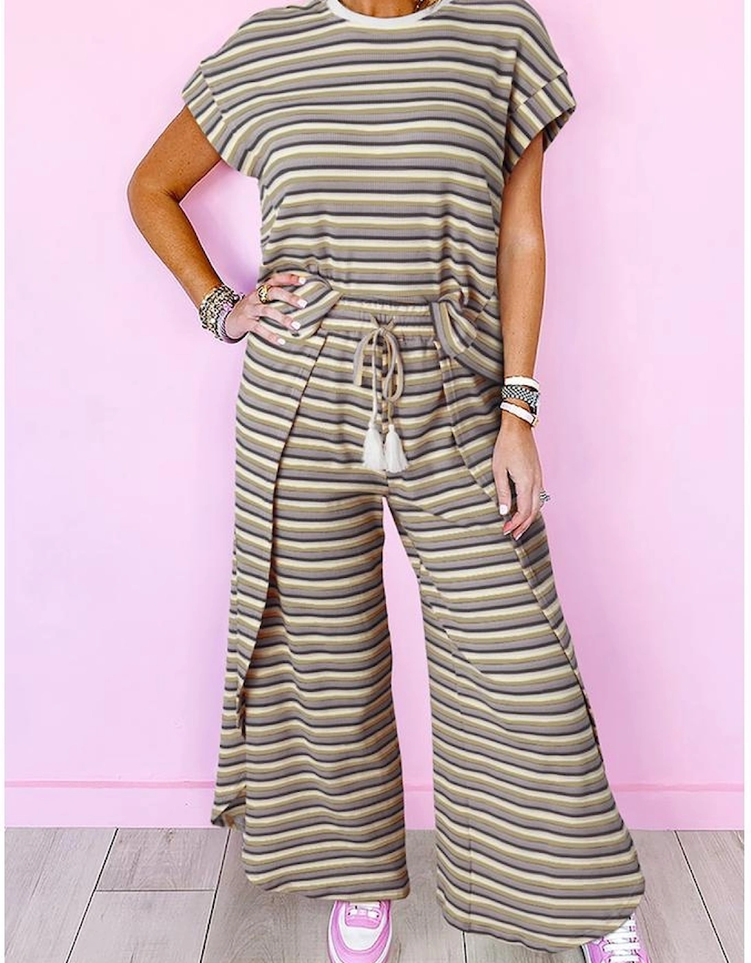 Black Stripe Rainbow Tee Tasseled String Wide Leg Pants Set, 11 of 10