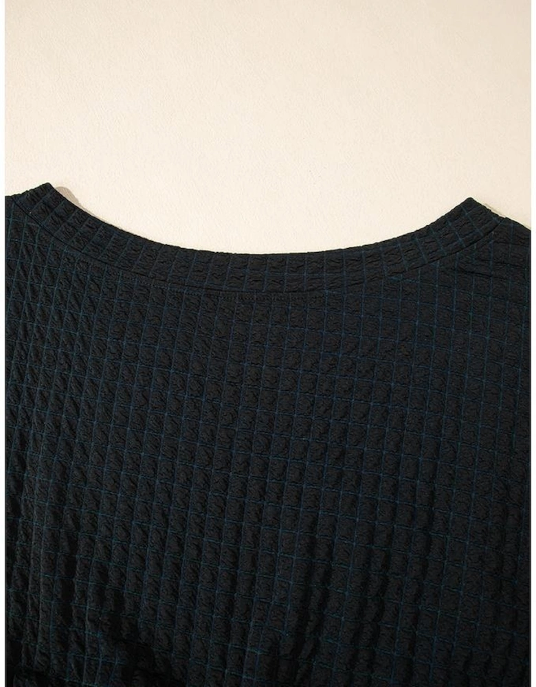 Black Checkered Mesh One Shoulder Short Sleeve Knotted Waist Jumpsuit