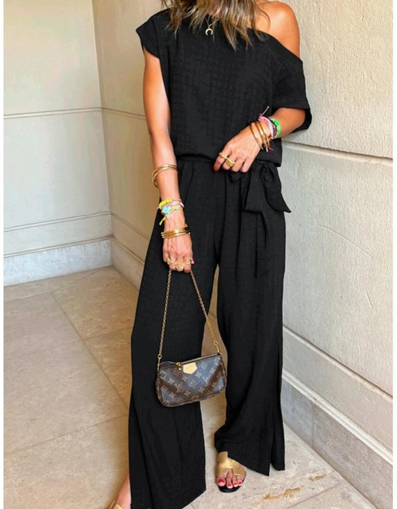 Black Checkered Mesh One Shoulder Short Sleeve Knotted Waist Jumpsuit