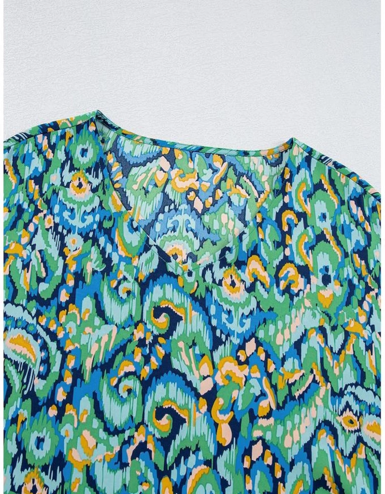 Green Abstract Print V Neck Half Sleeve Loose Fit Tunic Blouse