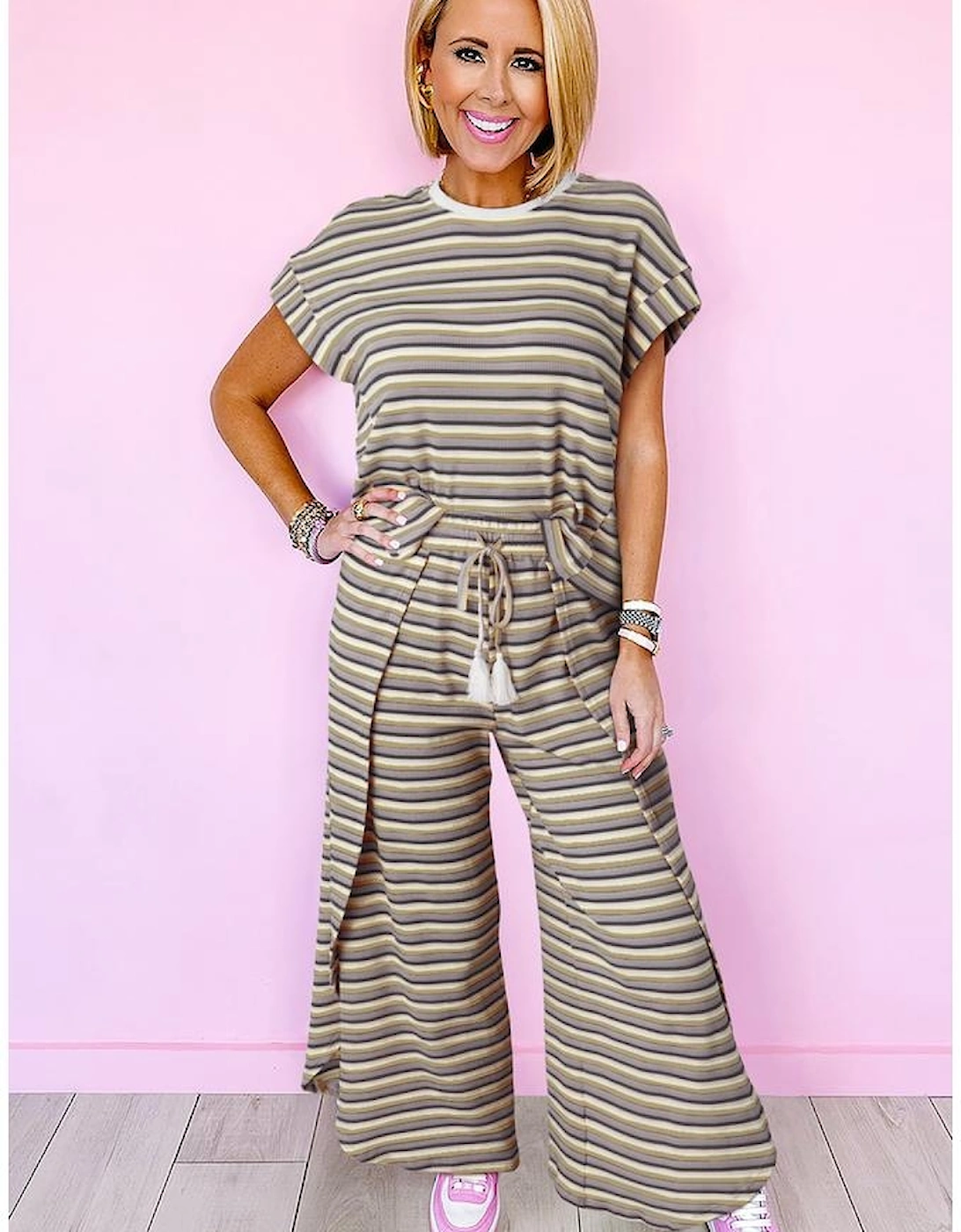 Black Stripe Rainbow Tee Tasseled String Wide Leg Pants Set