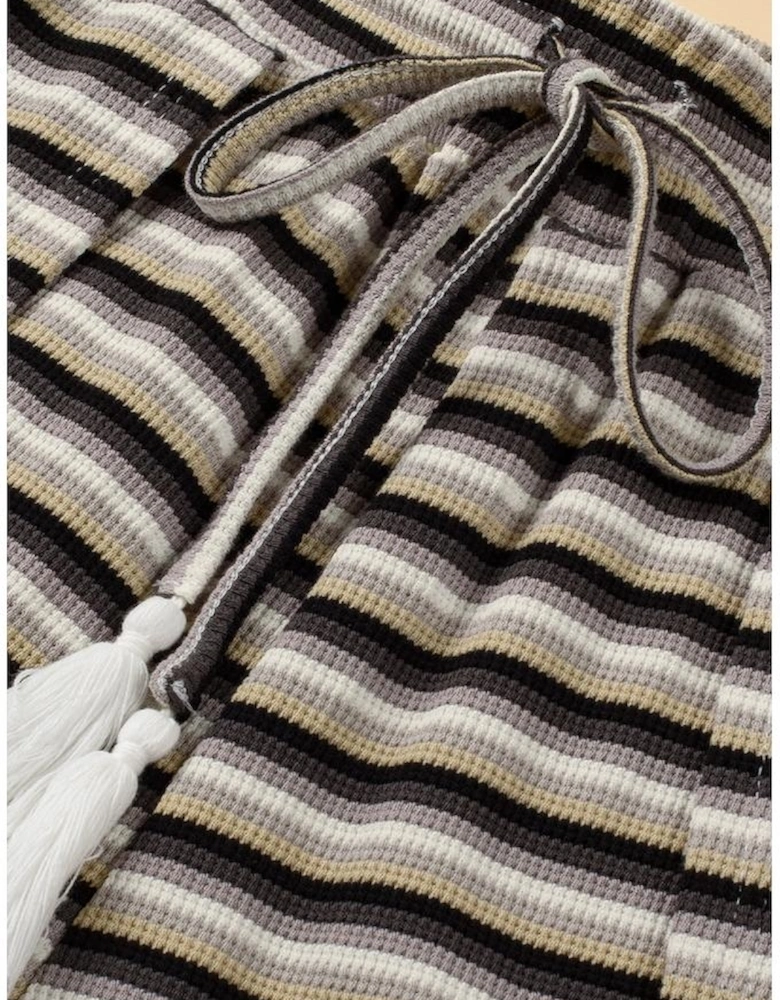 Black Stripe Rainbow Tee Tasseled String Wide Leg Pants Set