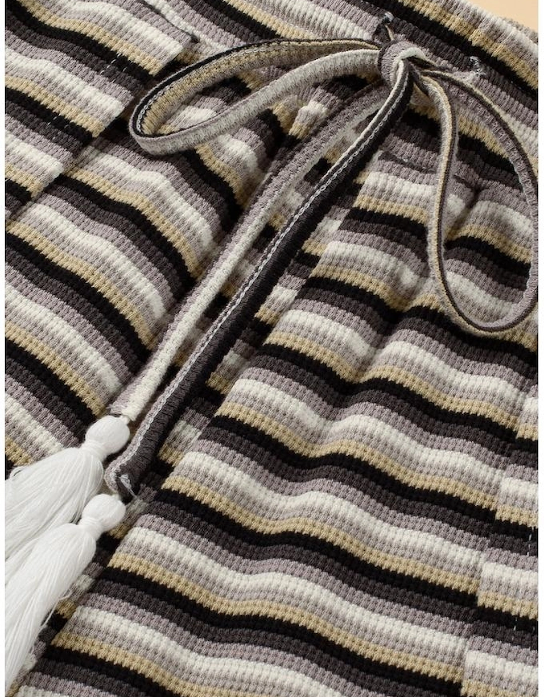 Black Stripe Rainbow Tee Tasseled String Wide Leg Pants Set