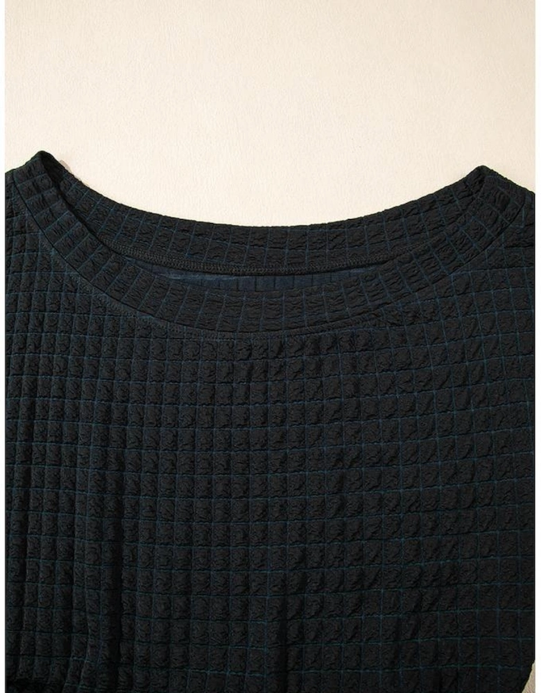 Black Checkered Mesh One Shoulder Short Sleeve Knotted Waist Jumpsuit