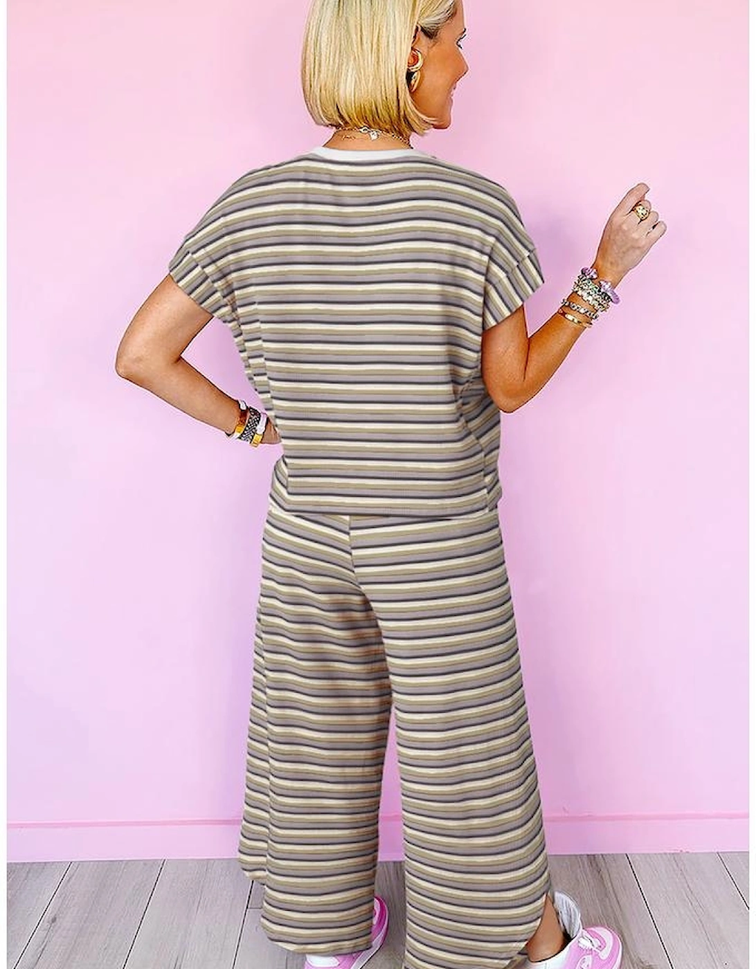 Black Stripe Rainbow Tee Tasseled String Wide Leg Pants Set