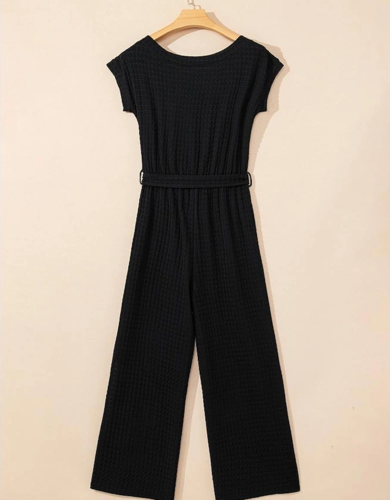 Black Checkered Mesh One Shoulder Short Sleeve Knotted Waist Jumpsuit