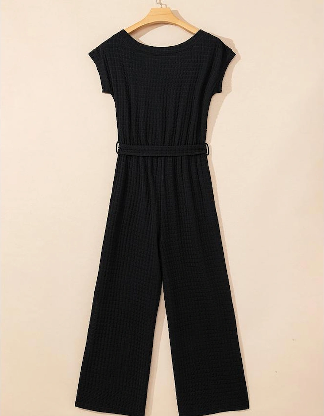 Black Checkered Mesh One Shoulder Short Sleeve Knotted Waist Jumpsuit