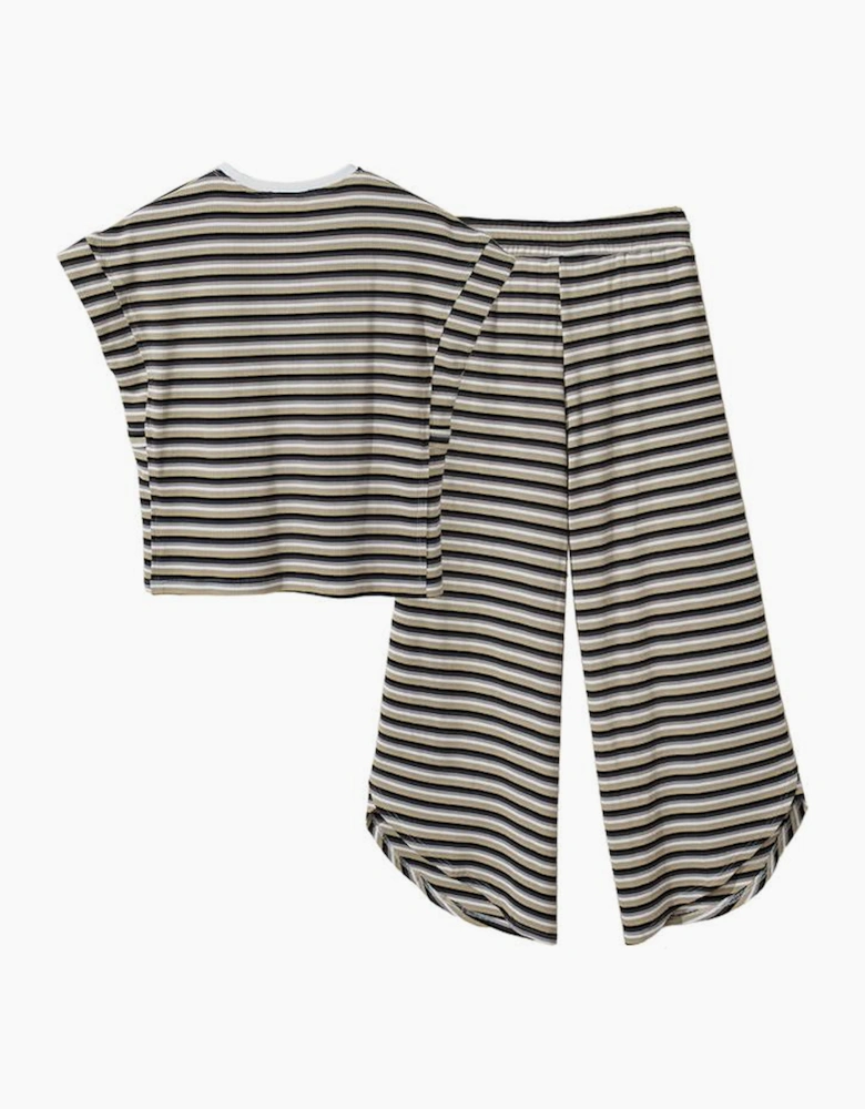 Black Stripe Rainbow Tee Tasseled String Wide Leg Pants Set